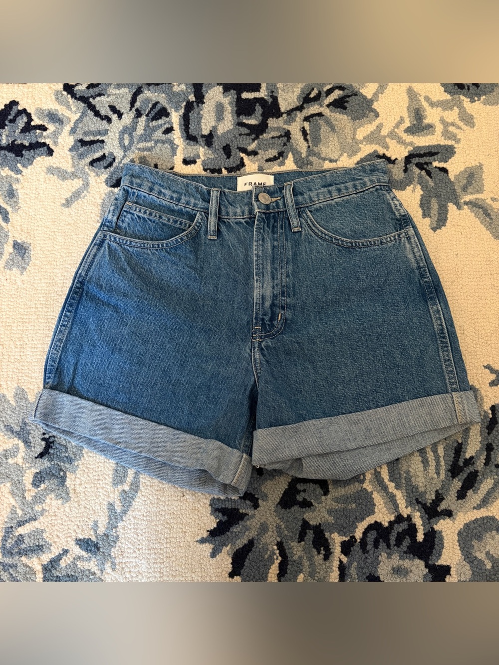 FRAME Denim Mid-Blue High-Rise Cuffed Jean Shorts 26